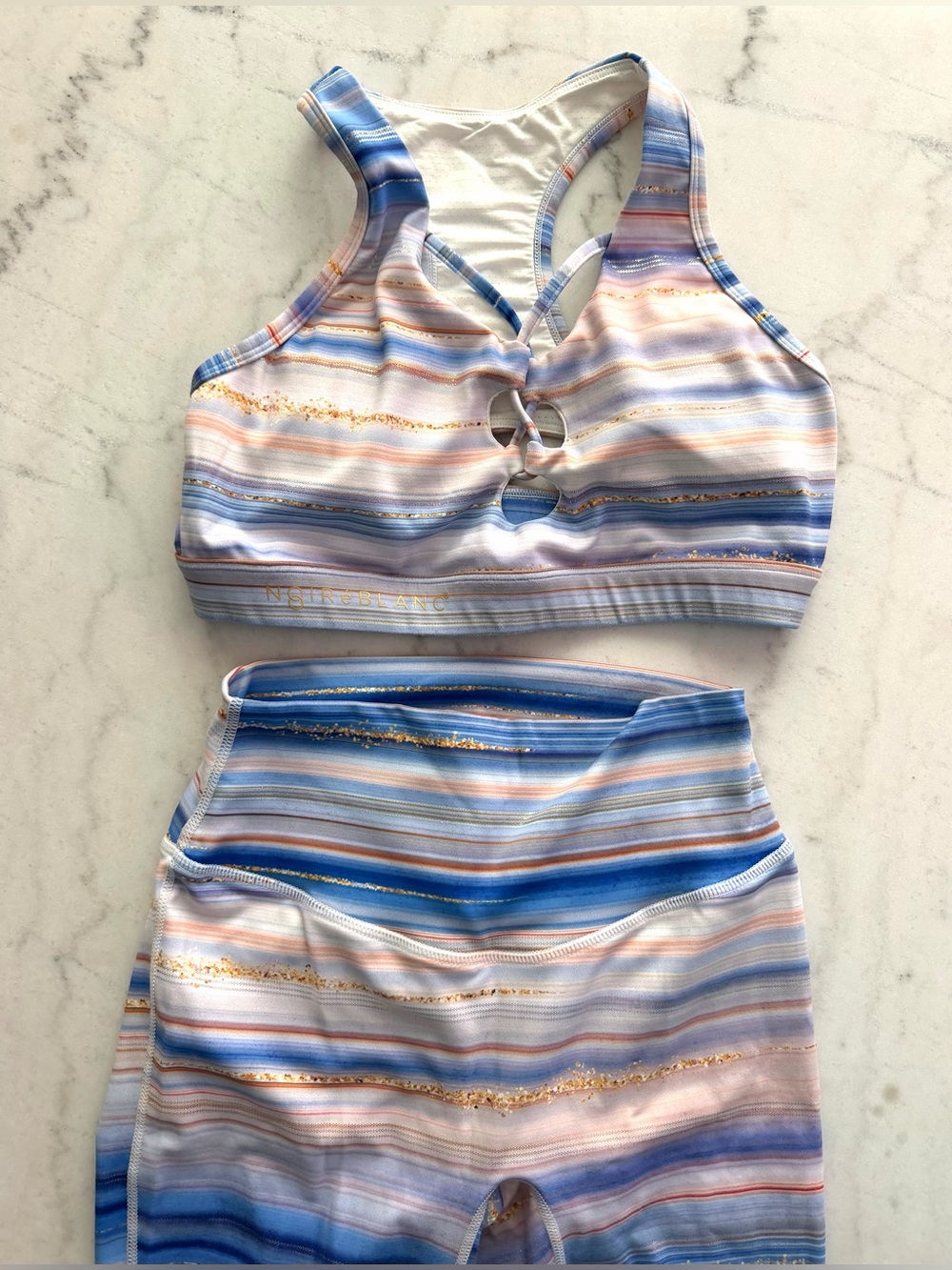 NOIRE BLANC Striped Pastel Blue & Pink Rashguard Set with Gold Accents